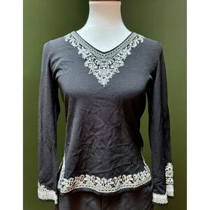 Talbots Collection Petites Black‎ Embroidered Italian Yarn Top Women's Size M